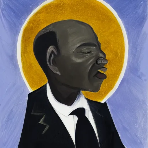 Image similar to a painting of a loving, caring fatherly wide forehead, aquiline nose, round face, XXL , generous, ever-present, humble, wise elder from Kenya in a silver suit and red tie by Kara Walker . Fatherly/daddy, focused, loving, leader, relaxed. Gold background, heavenly lights, details, smooth, sharp focus, illustration, realistic, cinematic, artstation, award winning, rgb , unreal engine, octane render, cinematic light, macro, depth of field, blur, light and clouds, highly detailed epic cinematic concept art CG render made in Maya, Blender and Photoshop, octane render, excellent composition, dynamic dramatic cinematic lighting, aesthetic, very inspirational, arthouse.