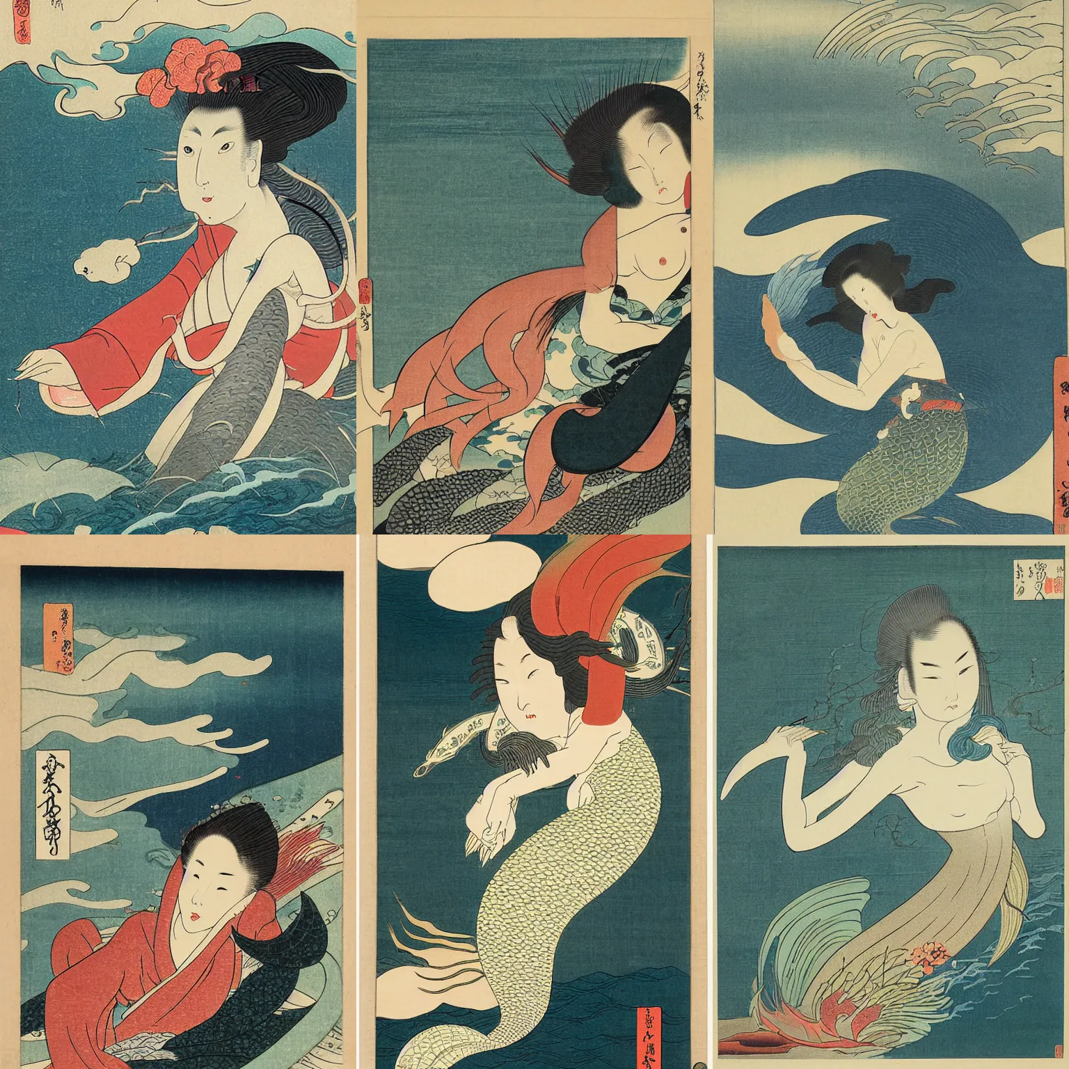 Prompt: Ukiyo-E Portrait of a mermaid in a storm