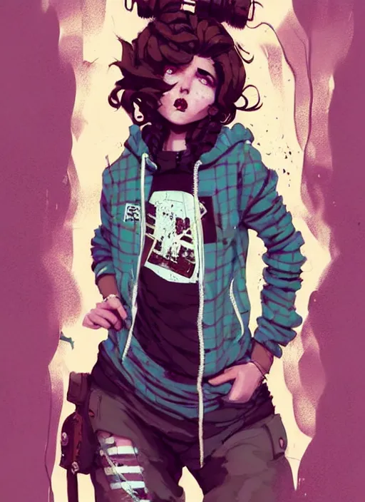 Image similar to highly detailed portrait of a sewer punk lady, tartan hoody, ringlet hair by atey ghailan, by greg rutkowski, by greg tocchini, by james gilleard, by joe fenton, by kaethe butcher, gradient pink, brown, light blue and white color scheme, grunge aesthetic!!! ( ( graffiti tag wall background ) )