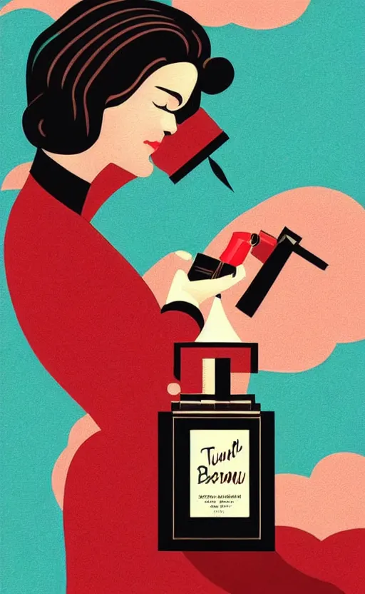 Image similar to illustration, close - up photo with beautiful bottle of perfume near nose, sniffing the aroma, an art deco painting by tom whalen, trending on behance, art deco, digital illustration, storybook illustration, grainy texture, flat shading, vector art, airbrush, pastel, watercolor, poster