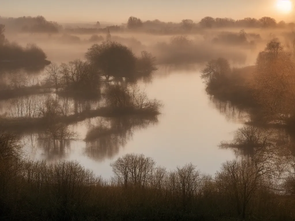 Image similar to A landscape photo taken by Kai Hornung of a river at dawn, misty, early morning sunlight, cold, chilly, two swans swim by, rural, English countryside