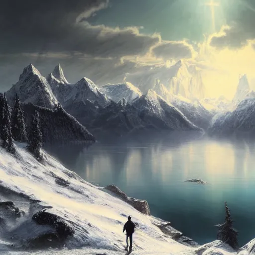 Image similar to A Stunning Matte painting of A man standing in a lake at night looking at the snow-capped mountains in the distance, beautiful sky, Tyndall effect.highly realistic,hyper detailed,cinematic.4k.In style of Gustave Doré, by Greg Rutkowski