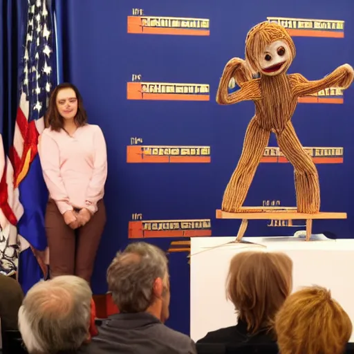 Image similar to press conference with string marionette president in a podium