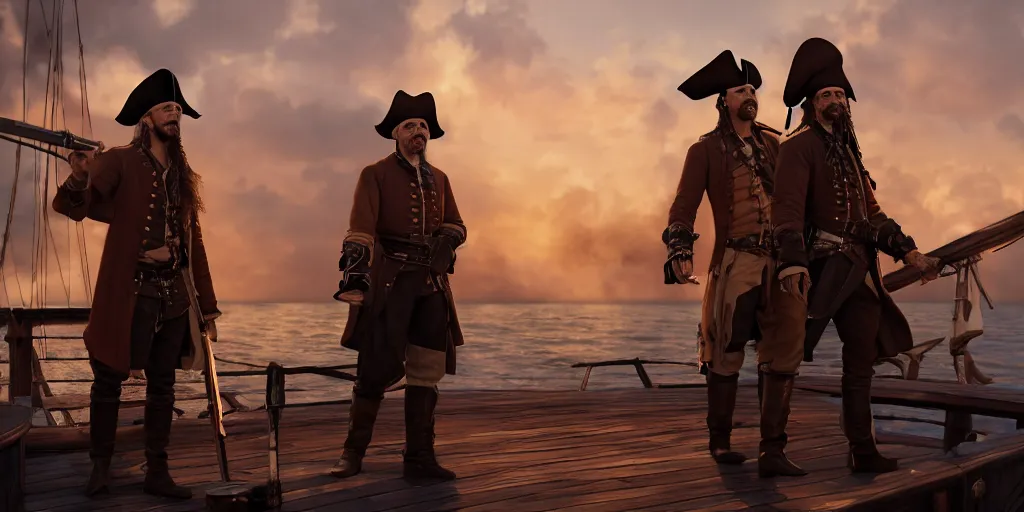 Prompt: movie still of a pirate and a corsair captain stand off. they both are standing proudly and pointing their sword at each other. the scene takes place on a 1 8 th century ship's deck at sea. volumetric lighting. 4 k, highly detailed