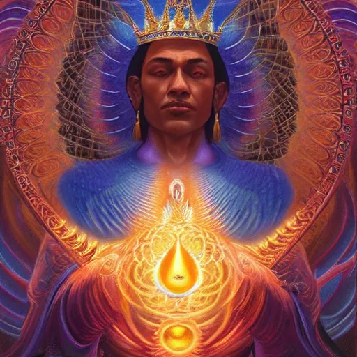 Image similar to the sacred spirit king by GEOGLYPHIKS by FABIÁN JIMÉNEZ by MICHAEL DIVINE by AMANDA SAGE in the style of oil painting visionary art, intricate oil painting artwork. , trending on artstation, greg rutkowski very coherent symmetrical artwork, oil painting