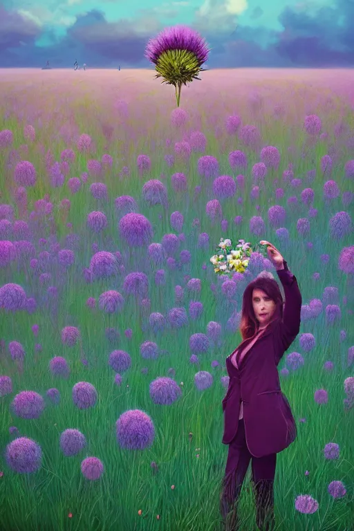 Prompt: portrait, huge thistle flower under head, girl in suit in a field of flowers, surreal photography, sunrise, blue sky, dramatic light, impressionist painting, digital painting, artstation, simon stalenhag