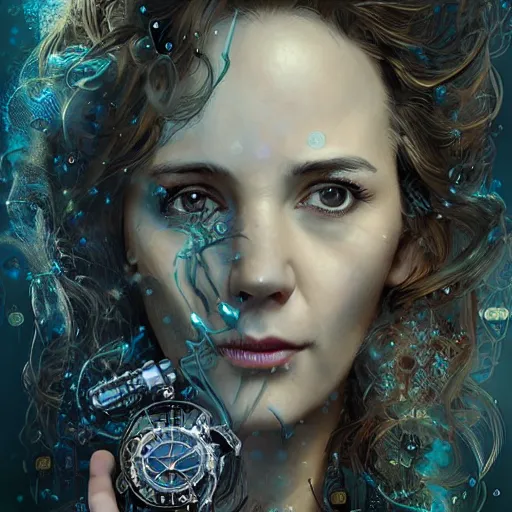 Prompt: portrait of a woman as sherlock Holmes with wavy hair as an epic idea, intricate detail, digital painting, ,metric, gears, watches, steampunk, face enhance, glowing eye, biomechanical, trash polka, raining, sepia, particles floating, whimsical background by marc simonetti, artwork by ross tran + ramond swanland + liam wong +mike winklemann + wlop