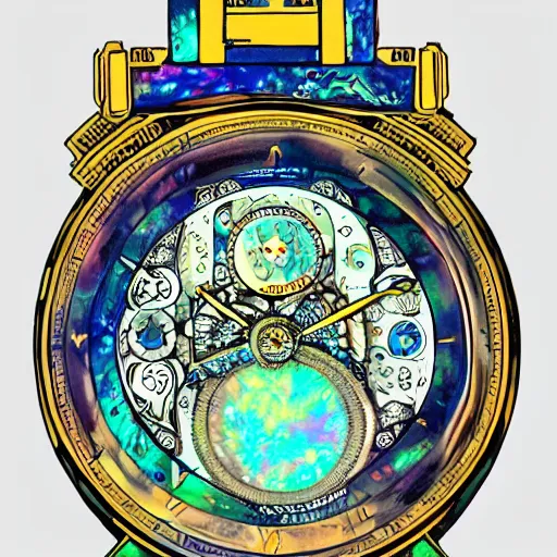 Prompt: detailed illustration of celestial watch from the far future with 3 7 descending dials and multiple glowing watch faces, mother of pearl opal, year 2 5 0 0, style of norman rockwell