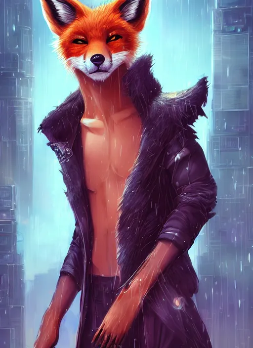 Prompt: award winning beautiful portrait commission of a male furry anthro melanated fox fursona with a tail and a cute beautiful attractive detailed furry face wearing stylish cyberpunk clothes in a cyberpunk city at night while it rains. Character design by charlie bowater, ross tran, artgerm, and makoto shinkai, detailed, inked, western comic book art
