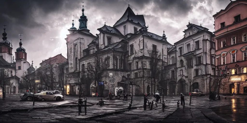 Image similar to Futuristic Cypher punk Cracow town Poland Cracow , dramatic lighting , insanely detailed, art station, 8K HD resolution , dramatic lighting, thunders