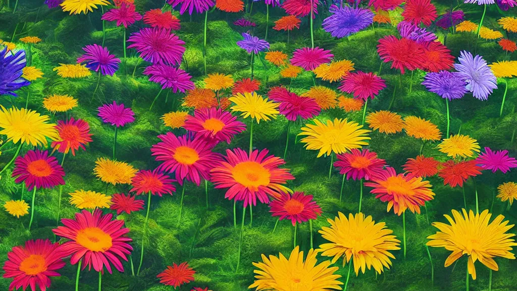 Image similar to digital illustration of a forest of towering multi - colored gerber daisy megaflowers by dr. seuss, reimagined by ilm and beeple : 1 | megaflora, spectral color, electric color, rolling hills : 0. 9 | fantasy : 0. 9 | unreal engine, deviantart, artstation, hd, 8 k resolution : 0. 8