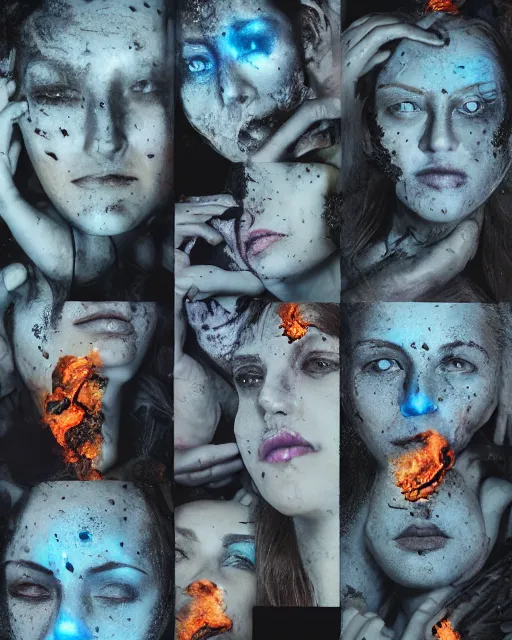 Image similar to technological, different women's faces, cut and paste collage, dead flowers, burnt, blue glow, 2 0 5 0 s, hypnotized, cold texture, steel, dystopian, serene emotions