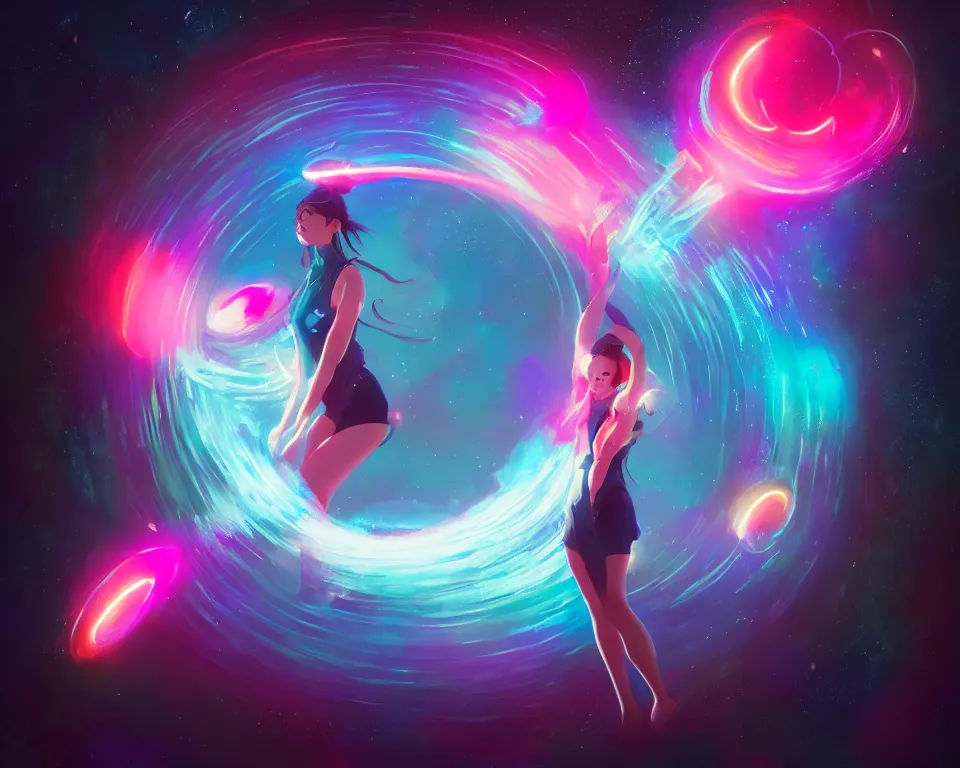 Image similar to beautiful whimsical women standing under a multi-colored binary blackhole with an accretion disc, casting magic, glowing trails following her arms, wearing professional makeup, by Lois van Baarle, by Greg Rutkowski, by artgerm, by beeple, by studio ghibli, cinematic angle, volumetric lighting, 4k resolution, octane render, trending on artstation, masterpiece