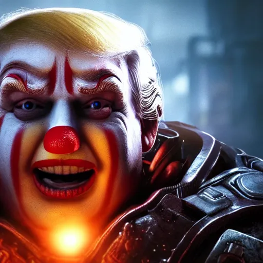 Image similar to portrait of donald trump as a clown in gears of war, splash art, movie still, cinematic lighting, ray tracing, octane render, long lens, shallow depth of field, bokeh, anamorphic lens flare, 8 k, hyper detailed, 3 5 mm film grain