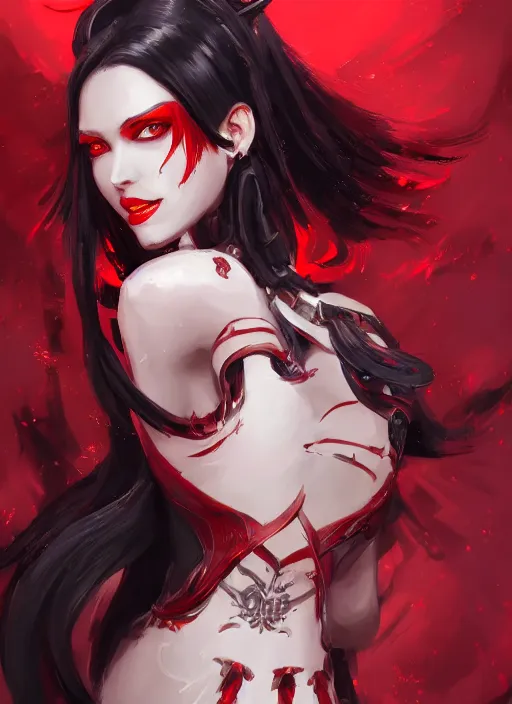 Image similar to a highly detailed illustration of beautiful black long hime cut hair woman wearing a red battle dress, red eyes, dramatic smile pose, intricate, elegant, highly detailed, centered, digital painting, artstation, concept art, smooth, sharp focus, league of legends concept art, WLOP