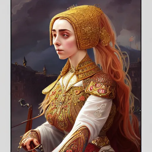 Image similar to bilie eilish portrait of ottoman sultan gog, female, clear face, symetrical, masculine, full body, 4 k, fantasy, intricate, elegant, highly detailed, digital painting, artstation, concept art, matte, sharp focus, illustration, art by artgerm and greg rutkowski and alphonse mucha