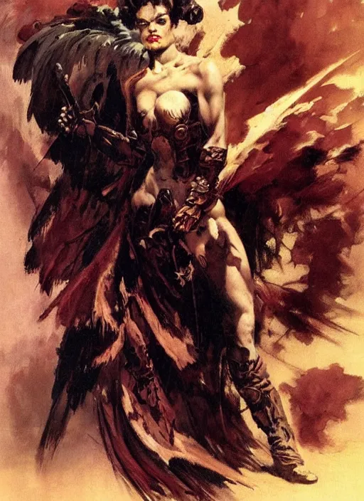 Image similar to portrait of female chaos angel, beautiful! coherent! by frank frazetta, by brom, strong line, deep color, armor, volumetric hair, high contrast, maximalist