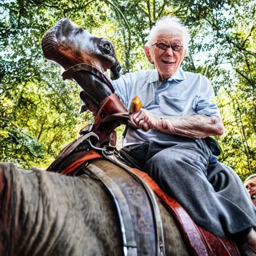 Prompt: portrait of an elderly man riding a fantastical creature, canon eos r 3, f / 1. 4, iso 2 0 0, 1 / 1 6 0 s, 8 k, raw, unedited, symmetrical balance, wide angle