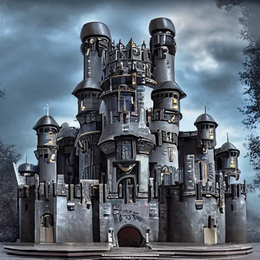 Image similar to photo of a futuristic metal castle with guns