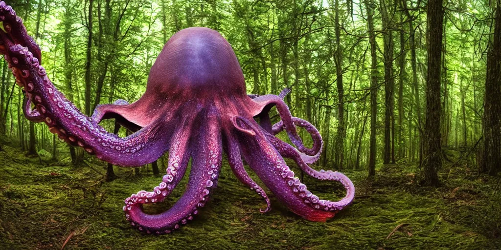 Image similar to a huge octopus in the middle of a forest, beautiful ambient light, 8k photography