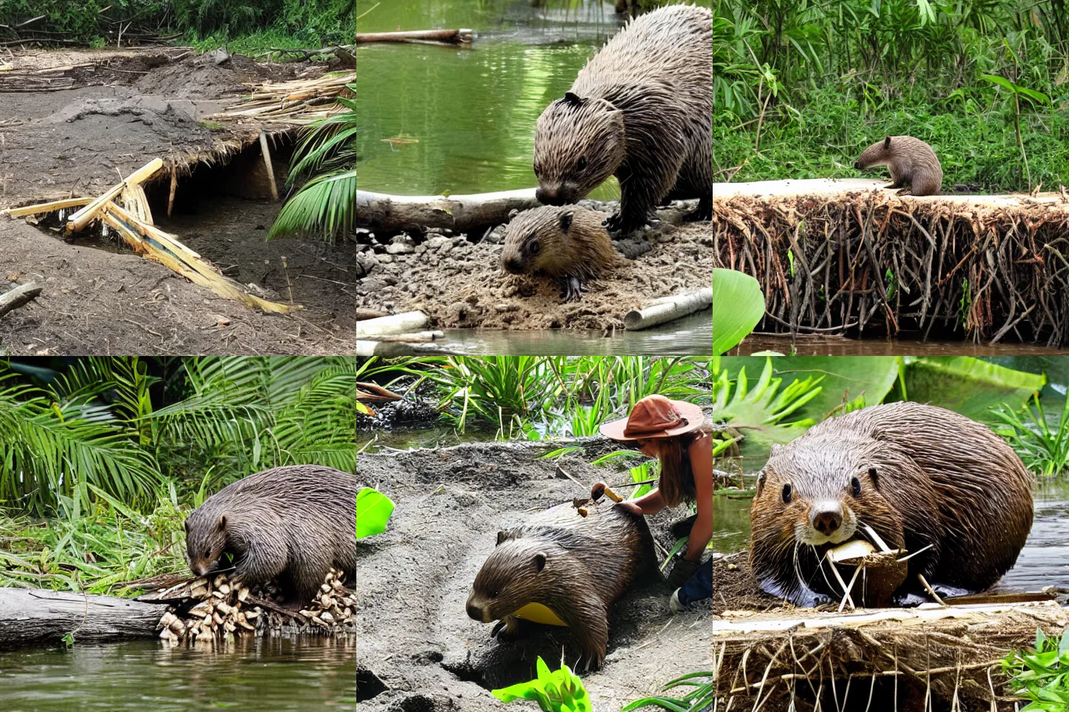 Prompt: beaver building a dam on a tropical island