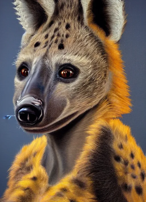 Image similar to oil painting detailed full body of anthromorphic female hyena, in style of zootopia, zootopia, zootopia, fursona, furry, furaffinity, 4 k, deviantart, furry art, fursona art, wearing black business suit, business suit, in style of zootopia, hyena fursona, cyberpunk, female, expressive, detailed feminine face,