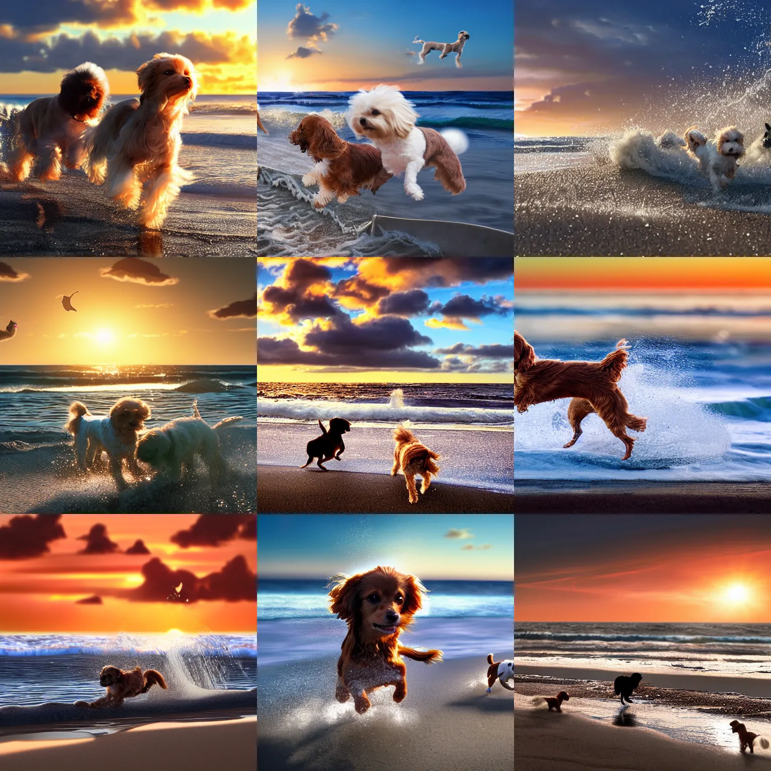 Prompt: a photorealistic closeup image of a cute brown long haired chihuahua cocker spaniel dog chases a white bichon frise puppy across the beach. sunset, surf. brightly lit. extreme detail. unreal engine