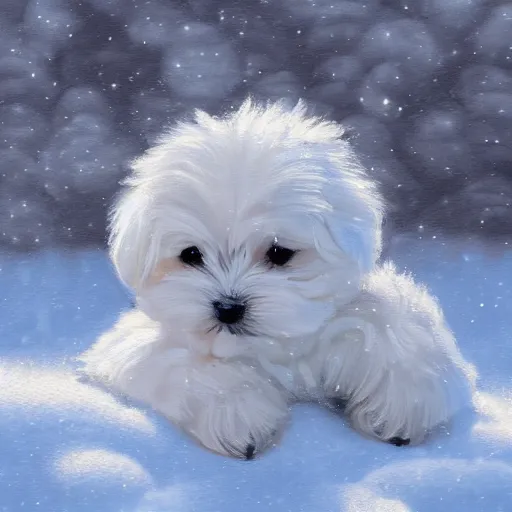 Prompt: cute fluffy maltese puppy sitting in snowy winter landscape detailed painting 4 k