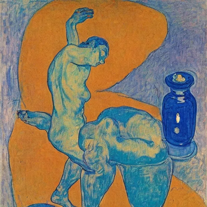 Image similar to tantric deity with vase. indigo blue, turquoise, cinnabar. henri de toulouse - lautrec, ferdand hodler, egon schiele, gauguin