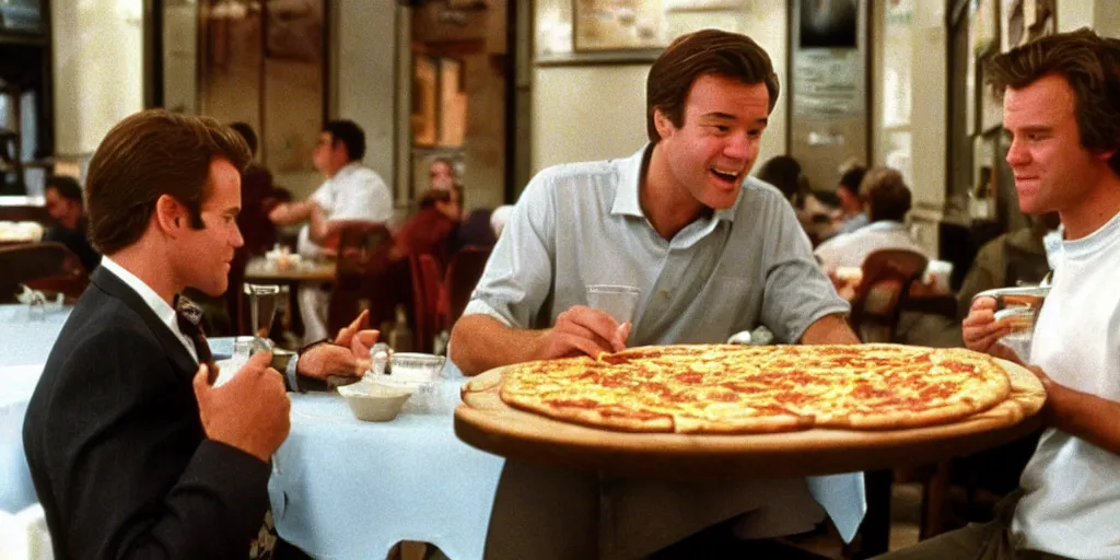 Prompt: color film of joe biden eating pizza in an italian restaurant 1 9 9 4 im the film of good will hunting, grinning, close up, high quality ultra realistic detailed