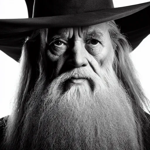 Image similar to a closeup black and white studio photographic portrait of gandalf, dramatic lighting