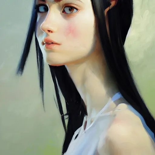 Prompt: greg manchess portrait painting of white pale skinny young girl 1 8 with long black hime haircut as overwatch character, and two cats beside, medium shot, asymmetrical, profile picture, organic painting, sunny day, matte painting, bold shapes, hard edges, street art, trending on artstation, by huang guangjian and gil elvgren and sachin teng