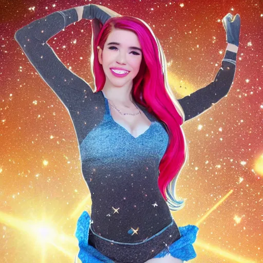 Prompt: photo realistic photo of belle delphine posing in space