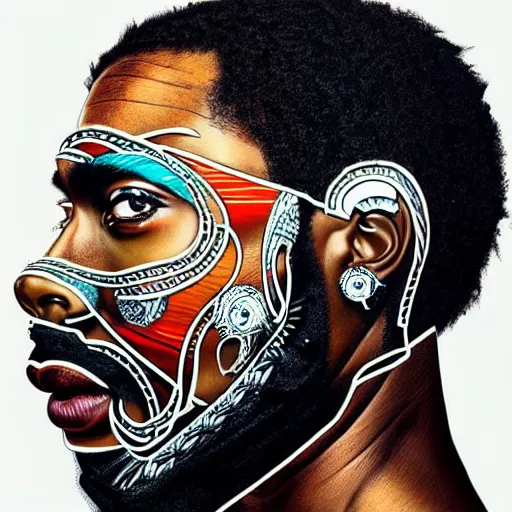 Image similar to a portrait of a black man with side profile blood in ocean intricate details :: side profile :: futuristic mask :: by vikings and Sandra Chevrier