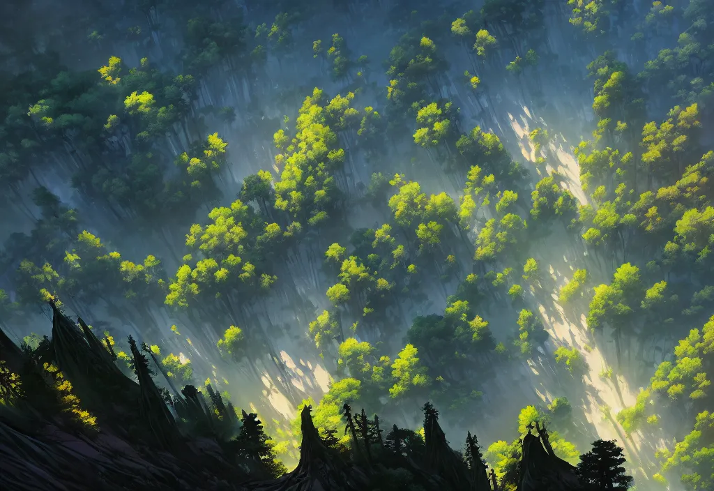 Image similar to high view of the background of a forest that has an endless pit in the bottom of the image, stylised painting, visible brush strokes, forest, medieval architecture, dynamic lighting, aesthetics, smooth, d & d, fantasy, asymmetrical, intricate, elegant, matte painting, by makoto shinkai borderlands and by feng zhu rossdraws