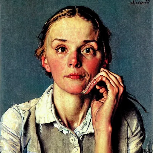 Prompt: Portrait of a woman without pupils, by Norman Rockwell