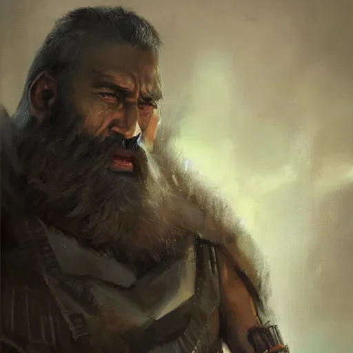 Image similar to portrait of a man by greg rutkowski, old bounty hanter, samoan features, tall and muscular, epic beard, star wars expanded universe, he is about 8 0 years old, wearing tactical armor gear.