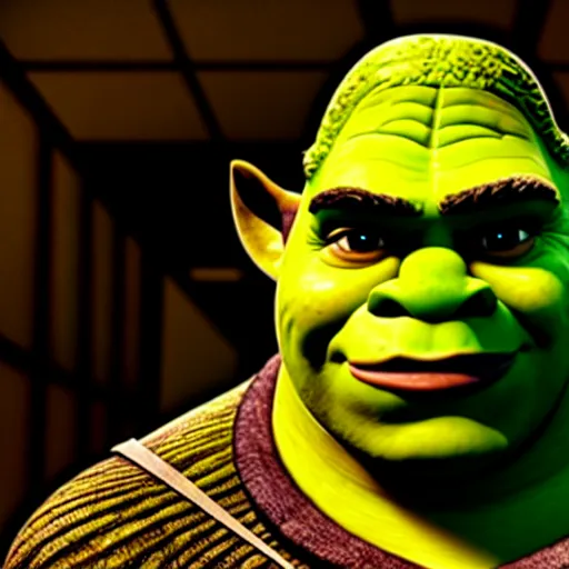 Image similar to a dramatic cinematic shot of shrek eating an onion, 8 k, ultra - realistic