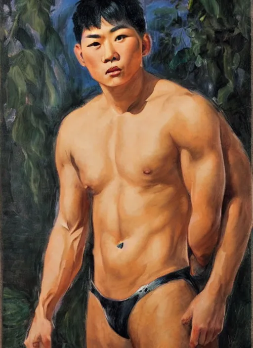 Image similar to a portrait of a muscular korean man with beautiful brown eyes and short black hair, art by manuel sanjulian