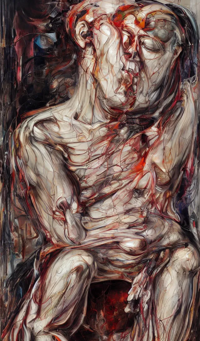 Prompt: it is only with the heart that one can see rightly ; what is essential is invisible to the eye. sorrow and fear, full body by jenny saville, scifi, neo - gothic, intricate, rich deep colors. part by james jean, part by adrian ghenie and gerhard richter.