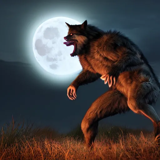 Image similar to young man transforming into a feral werewolf with a tail under the moon with black soft realistic fur, ultra detail, unreal engine, 8 k, ssao