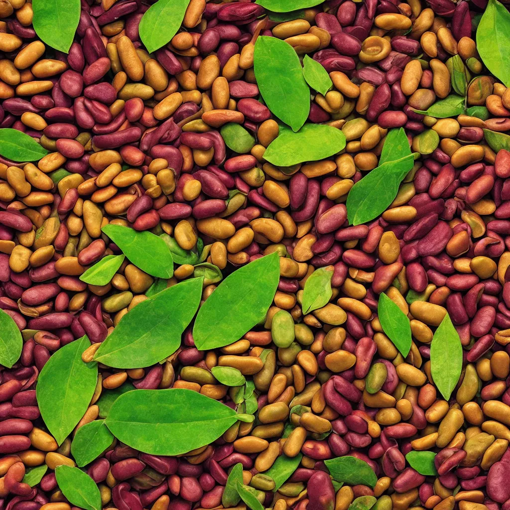 Image similar to large spiral of multicolor soy beans, with large leaves and fractal roots, over vivid dark wood table, food photography. super detailed. masterpiece