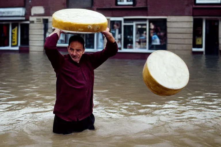 Image similar to closeup potrait of a man carrying a wheel of cheese over his head in a flood in Amsterdam, photograph, natural light, sharp, detailed face, magazine, press, photo, Steve McCurry, David Lazar, Canon, Nikon, focus