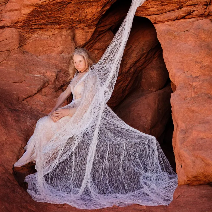 Image similar to a color photograph, closeup portrait of a woman wrapped in lace, sitting in a plastic throne, in arches mountains national park in utah, color photograph, by vincent desiderio, canon eos c 3 0 0, ƒ 1. 8, 3 5 mm, 8 k, medium - format print