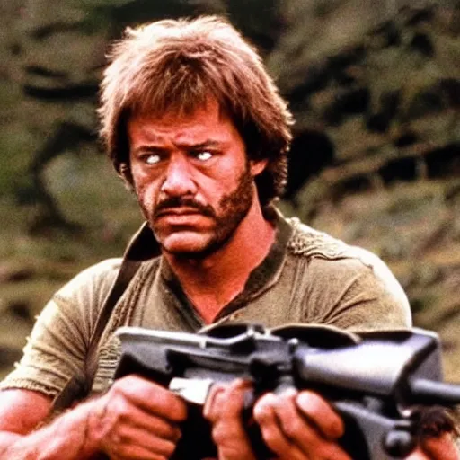 Image similar to A still of Garfield in Rambo First Blood (1982)