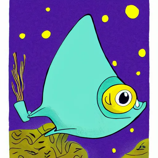 Prompt: a cute children's book illustration of a manta ray wearing glasses