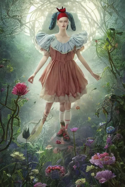 Image similar to cinematic portrait of Alice in Wonderland. Centered, uncut, unzoom, symmetry. character illustration. Surreal render, ultra realistic, zenith view. Polished. Inspired by patricio clarey, heidi taillefer scifi painter glenn brown. Extremely ornated. artstation, cgsociety, unreal engine, ray tracing, detailed illustration, hd, 4k, digital art, overdetailed art. Dslr, tiltshift, dof. 64megapixel. complementing colors. Trending on artstation, deviantart,