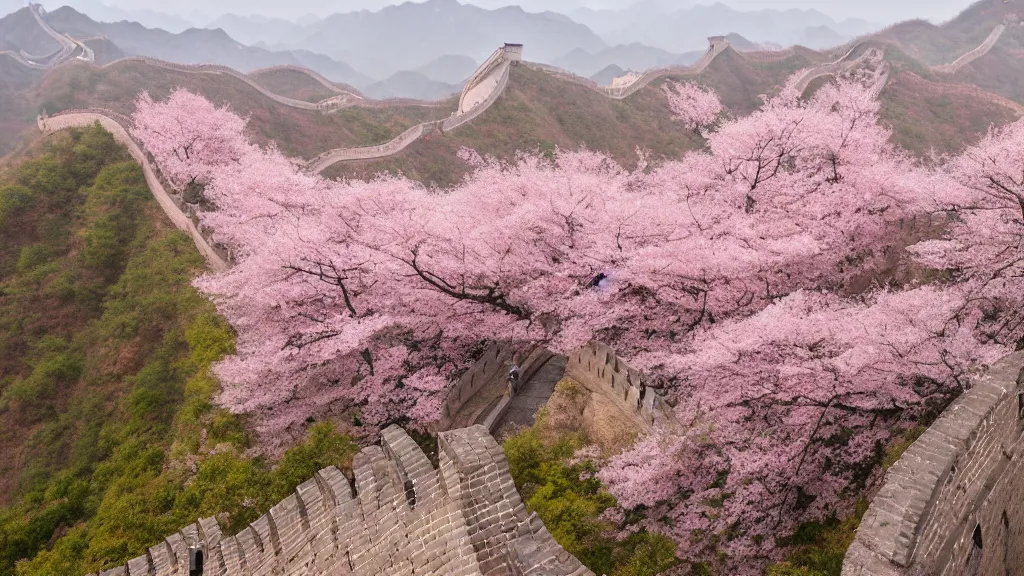 Prompt: arial view of pink cherry blossom trees growing in the great wall of china, andreas achenbach, artgerm, mikko lagerstedt, zack snyder, tokujin yoshioka