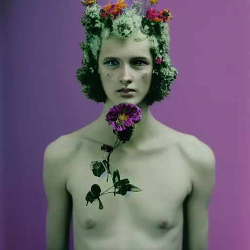 Prompt: a flower / human hybrid, fashion medium format color photo