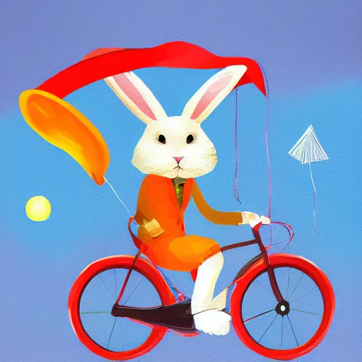Prompt: a humanoid rabbit riding a bicycle while flying a kite, digital painting